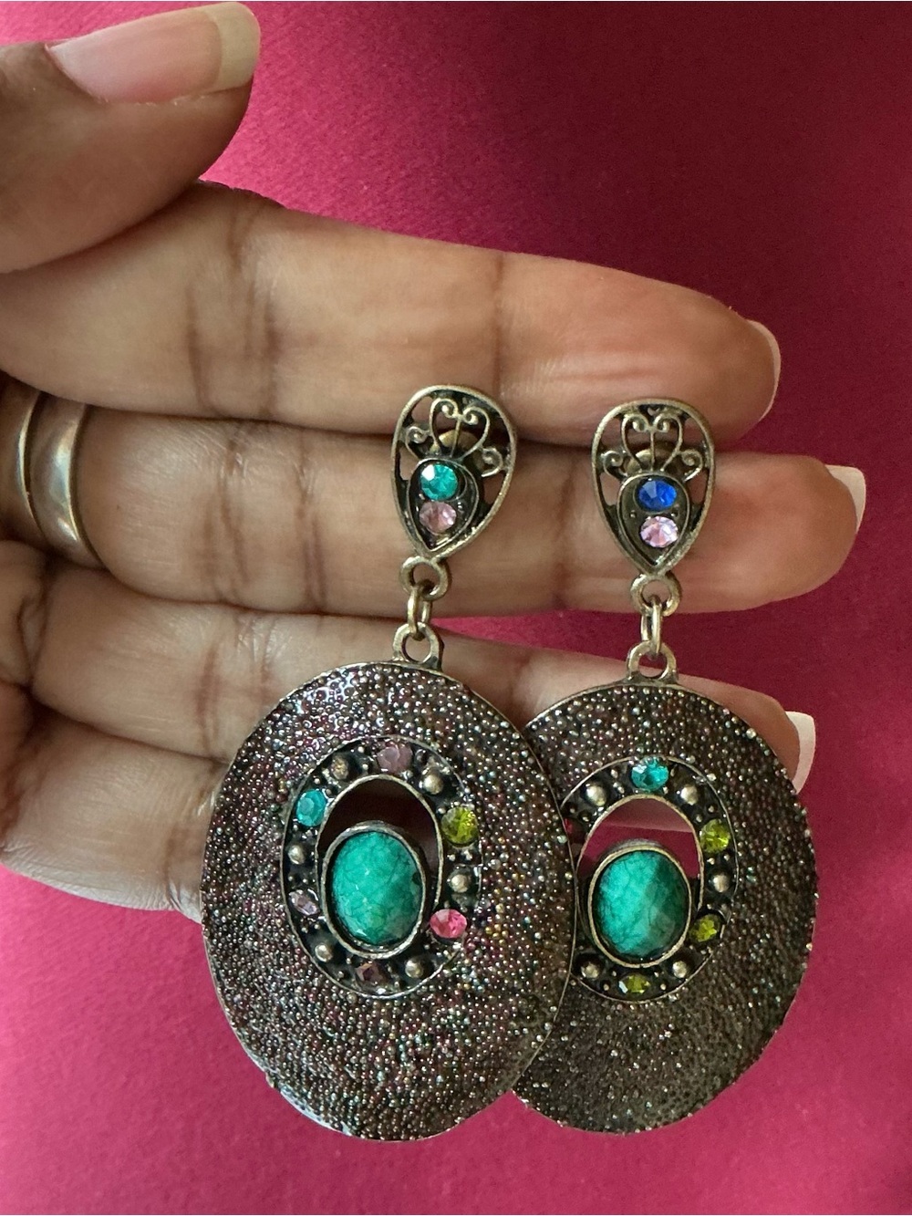 Kardashian Kris Jenner Style Textured Turquoise Oval Shield Dangle Earrings